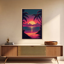 Load image into Gallery viewer, 8 bit pixel art sunset, synthwave style palm tree beach, framed canvas print, framed wall art painting
