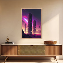 Load image into Gallery viewer, The Monoliths, Scifi art, retro synthwave style alien planet art, framed canvas print
