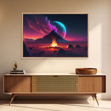 Load image into Gallery viewer, Campfire under a Full Moon, Framed canvas print, retro synthwave / outrun style primitive home decor
