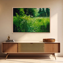 Load image into Gallery viewer, Beautiful field of wildflowers, Emerald green watercolor, framed canvas print, living room wall decor
