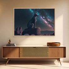Load image into Gallery viewer, Cheetah overlooking the valley, synthwave retro style animal prints, framed canvas print, framed wall art, starry Africa night sky
