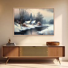 Cargar imagen en el visor de la galería, Snow Covered Landscape Art | Church Art | Framed Canvas Print | Snowy Winter Scene | Boho Minimalist Modern Art
