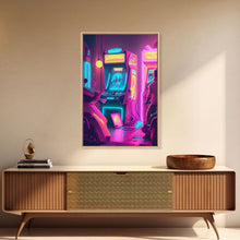 Cargar imagen en el visor de la galería, Game Room Decor, Framed Canvas Print, Synthwave Arcade, Boys Room, Gamer Gift, Gaming Wall Art, Video Game Posters, Teen Room
