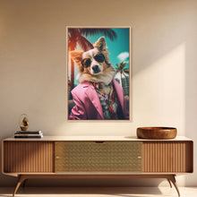 Load image into Gallery viewer, Corgi Wall Print, Dog Wall Art, Dog Sunglasses, Pink Suit, Floral Shirt, Funny Art, Framed Wall Art, Framed Canvas, Wall Print, Wall Canvas
