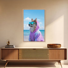 Cargar imagen en el visor de la galería, Corgi In Purple Hoodie Sunglasses Wall Print, Beach Art, Dog Print, Dog Portrait, Framed Wall Art, Framed Canvas, Wall Print, Wall Canvas
