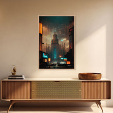 Carregar imagem no visualizador da galeria, Art Deco Cyberpunk Cityscape Canvas Print, Scifi art, cool wall art for mancave, dystopian art, architecture
