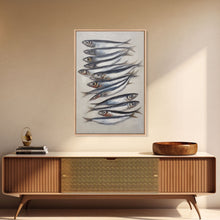 Cargar imagen en el visor de la galería, Sardines Art Print - Framed Canvas Art - Oil Painting Still Life Print - French Kitchen Art - Restaurant Art - Boho Farmhouse Decor
