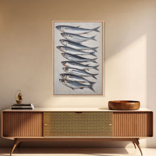 Cargar imagen en el visor de la galería, Minimalist Sardines Art Print - Framed Canvas Art - Oil Painting Still Life Print - French Kitchen Art - Restaurant Art - Boho Farmhouse Art

