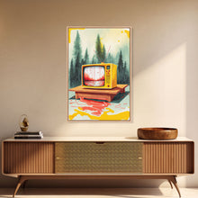 Load image into Gallery viewer, Abstract Surreal Landscape Art, Framed Canvas Print, Retro TV in a Forest, Weird / Strange Home Decor
