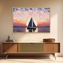 Load image into Gallery viewer, Sailing Under a Stained Glass Sky, Framed Canvas Print, Canvas Art, Nautical Art Deco Style Sunset Art
