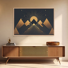 Carregar imagem no visualizador da galeria, Art Deco Style Mountain landscape at Sunset, Framed Canvas Print, Large Format Wall Art, Huge Wall Decor, Black and Gold
