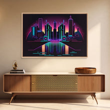 Cargar imagen en el visor de la galería, Retro Style Synthwave Wireframe City, Outrun Style, Framed Canvas Print, 80s Vibes Art
