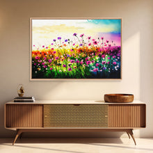 Load image into Gallery viewer, Field Of Rainbow Colored Wild Flowers, Watercolor, Framed Canvas Print, Original Art, Large Format Art, huge living room art
