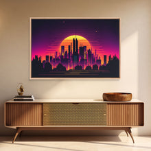 Load image into Gallery viewer, Outrun Style Futuristic Cyberpunk City Skyline at Sunset, Concept art, framed canvas print, dystopian art
