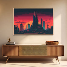 Load image into Gallery viewer, Outrun Style Pixel Art Futuristic Cyberpunk City Skyline at Sunset, Concept art, framed canvas print, dystopian art
