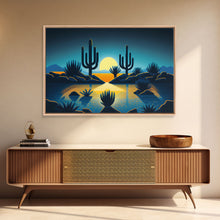 Load image into Gallery viewer, Retro Art Deco Style Pueblo Desert Art, Cactus Desert Landscape under a Full Moon, Framed Canvas Print, Cute Western Decor
