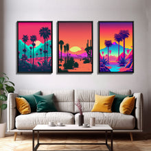 Carregar imagem no visualizador da galeria, California Desert Art, Retro / Vaporwave / Synthwave 80s Vibes 3 Piece Canvas Prints, Game Room Art, Living Room / Bed Room Retro Decor
