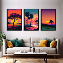 Load image into Gallery viewer, Triptych 3 panel Wall Art, Framed Canvas Prints, Synthwave Landscape Decor, MCM 80s Vibes Retro Style 3 Piece Art
