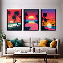 Load image into Gallery viewer, Midcentury Modern Wall Art, Mid Century Modern, 3 Piece Framed Canvas, 3 Panel Art, Triptych Art, Vaporwave Palm Trees and Sunset, 80s Retro
