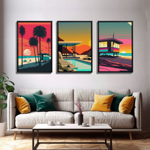 Load image into Gallery viewer, MCM Style Retro Wall Decor, Framed Canvas Prints, Triptych 3 Panel Wall Art, Retrowave Beach Art, Synthwave / Vaporwave Architecture Art
