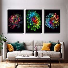 Cargar imagen en el visor de la galería, Triptych 3 Panel Wall Art - Framed Canvas Prints - Neon Flowers - Retro Style Flower Paintings - Boho Decor - Minimalist Wall Art - Modern
