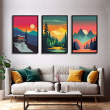 Load image into Gallery viewer, Scandinavian Canvas Prints Framed, 3 Piece Wall Art, Nordic Print Set, Modern Abstract Art, Minimalist Landscape Sunset Art, Forest Mountain
