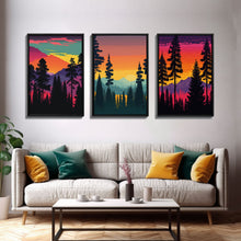 Load image into Gallery viewer, 3 Piece Retro Style Forest Wall Art Canvas Print, Set of 3 Forest Landscape Art, Green Forest, Nature, Modern Art, Minimalist, Misty, Decor
