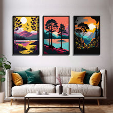 Load image into Gallery viewer, 3 Piece Framed Canvas Wall Art Wood Panel Effect Mountain Range Top Print Modern Art, Rustic Living Room Wall Art, Western Decor, Retro Feel

