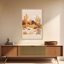 Load image into Gallery viewer, Boho Style Desert Art, Framed Canvas Print, Pueblo Style Cactus and Desert Landscape Art
