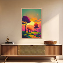Load image into Gallery viewer, Retro Pop Art Landscape Art At Sunset, Framed Canvas Print, Outrun Style Trees and Sunset, Living Room Art
