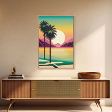 Load image into Gallery viewer, Framed Canvas Print - Art Deco Sunset Scene - Mountains, Palmtrees &amp; Beaches - Retro Style Art - Living Room Decor

