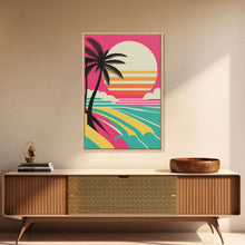 Load image into Gallery viewer, Framed Art Deco Canvas Print - Sunset Beach Scene, Minimalist Palms, Retro Style - Pink and Turquoise Vaporwave Art
