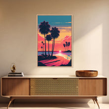 Load image into Gallery viewer, Framed Canvas Print - Art Deco Sunset, Beaches, Minimalist Palm Trees, Retro Synthwave, Vaporwave, 80s Vibes, Gamer Art, Bar Decor
