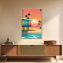 Carregar imagem no visualizador da galeria, Art Deco Sunset Beach Canvas Print, Minimalist Retro Palmtree Vibe, Vaporwave Art, 80s Retro Vibes, Miami Inspired Art
