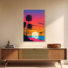 Load image into Gallery viewer, Framed Canvas Print - Art Deco Sunset, Beaches, Minimalist, Palmtrees, Retro Style, Synthwave, Vaporwave, 80s Style Decor, Palme Trees
