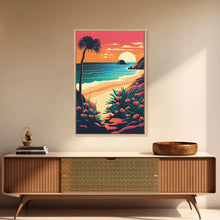 Load image into Gallery viewer, Framed Canvas Print | Art Deco Sunset, Beach, Palm Trees, Retro Style, Synthwave, Vaporwave, Island Vibes, Minimalist Beach Art
