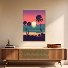 Load image into Gallery viewer, Framed Canvas Print - Art Deco Sunset, Palm Trees, Synthwave Vibes, Beach Decor, Vaporwave Pink Art, Miami Vibes
