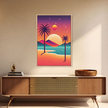 Carregar imagem no visualizador da galeria, Framed Canvas Print | Art Deco Sunset | Retro Style | Palm Trees | Island Vibes | Desert Pyramids and Palm Trees | Desert Art
