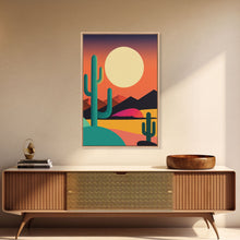 Load image into Gallery viewer, Pop Art Framed Canvas Print of Desert Landscape at Sunset, Outrun Style Sunset Full Moon Art, Unique 80s Vibe Retro Art, Art Deco
