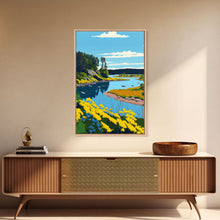 Cargar imagen en el visor de la galería, Colorful Pop Art Picture of a Stream, Framed Canvas Print, Surrealist High Contrast Cel Shaded Landscape Art
