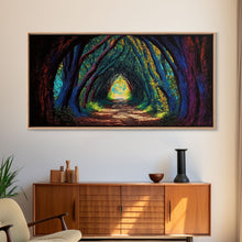 Load image into Gallery viewer, The Path through The Trees, Fantasy Art, Framed Canvas Print, RPG concept Art, Magical glowing forest
