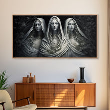 Load image into Gallery viewer, The Norns, Norse Mythology, Weavers of Fate, Framed Canvas Print,  Urðr, Verðandi, and Skuld, Black and White Norse Fantasy Art
