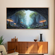 Load image into Gallery viewer, Magical Enchanted Mushroom Forest, Fantasy Art, Framed Canvas Print, Bioluminescent Butterflies in an Enchanted Forest, Glowing Art
