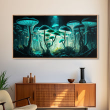 Carregar imagem no visualizador da galeria, The Forest Floor, Framed Canvas Print, Glowing Mushrooms, Bioluminescent Mushroom Art, Color fantasy wall art
