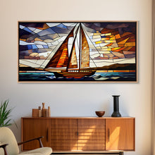 Carregar imagem no visualizador da galeria, Art Deco Stained Glass Sail Boat Wall Art | Framed Canvas Print | Nautical Art | Seascape Art | Beach House Decor

