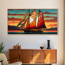 Carregar imagem no visualizador da galeria, Art Deco Stained Glass Sail Boat Wall Art | Framed Canvas Print | Nautical Art | Seascape Art | Beach House Decor
