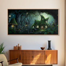Load image into Gallery viewer, Gnome City, Wall Art, Fantasy Canvas Print, Framed Art, Tiny Gnome Houses On The Forest Floor
