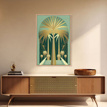 Load image into Gallery viewer, Boho Modern Frank Lloyd Wright-inspired Art Deco Canvas Print, Emerald Green and Gold Palm Tree, wall decor, wall art original, MCM Art
