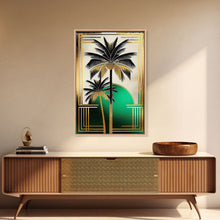 Load image into Gallery viewer, Boho Modern Frank Lloyd Wright-inspired Art Deco Canvas Print, Emerald Green and Gold Palm Tree, wall decor, wall art original, MCM Art
