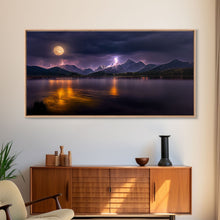 Carregar imagem no visualizador da galeria, Full moon canvas print, Lightning storm over a mountain lake at night, cool wall art, awesome wall art
